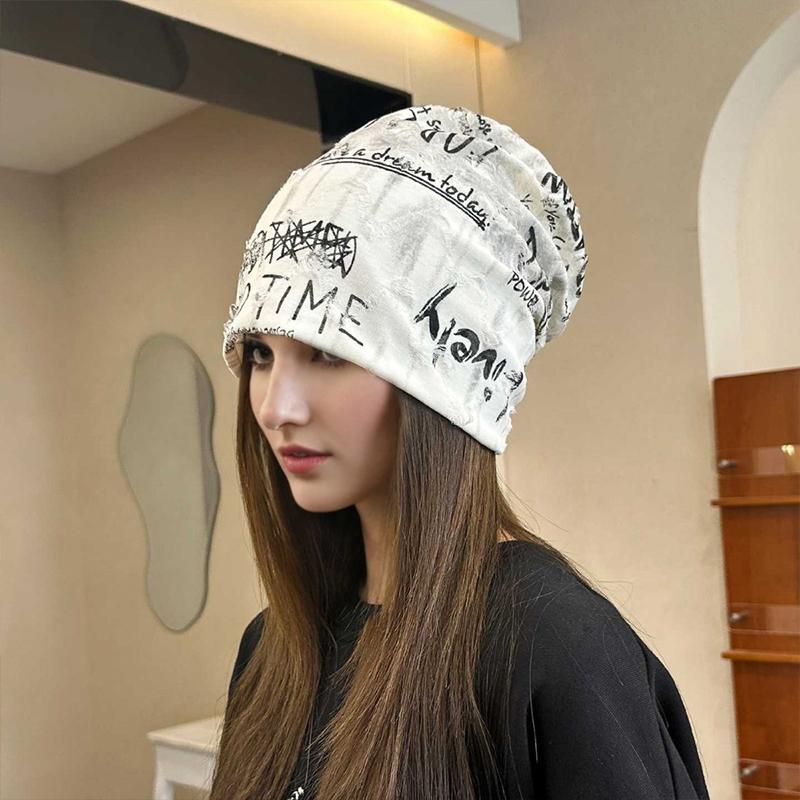 1 PC thin oversized knitted chic pile cap casual printed loose letter fashionable hat 55-59cm
