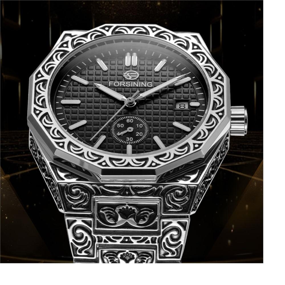 FORSINING Original Designer Luxury Man Vintage Watch Date Automatic Movement Mechanical Clock Stainless Steel Skeleton Military