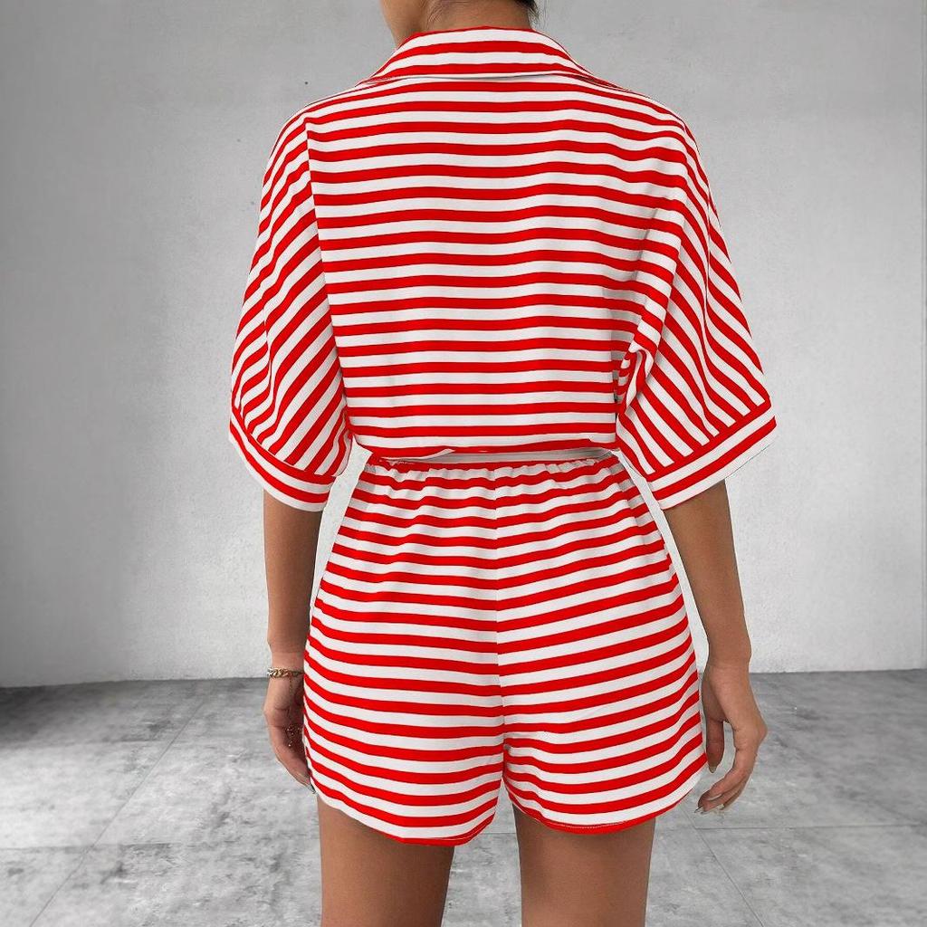 Summer Jumpsuit for Women's Casual Loose Comfortable Outfit Striped Batwing Sleeve Shirt Top+ Shorts Jumpsuit Woman