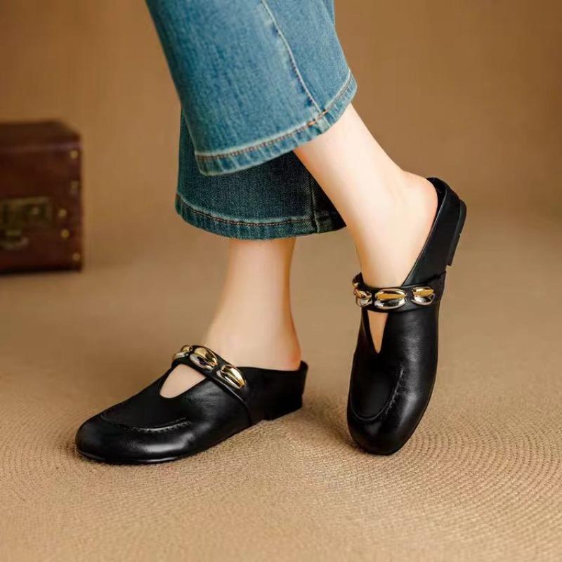 Fashion Slippers Women's 2025 New Round Head Half-drag Sandals Womens Retro Metal One-word Strap Low-heeled Bag Head Shoes Women