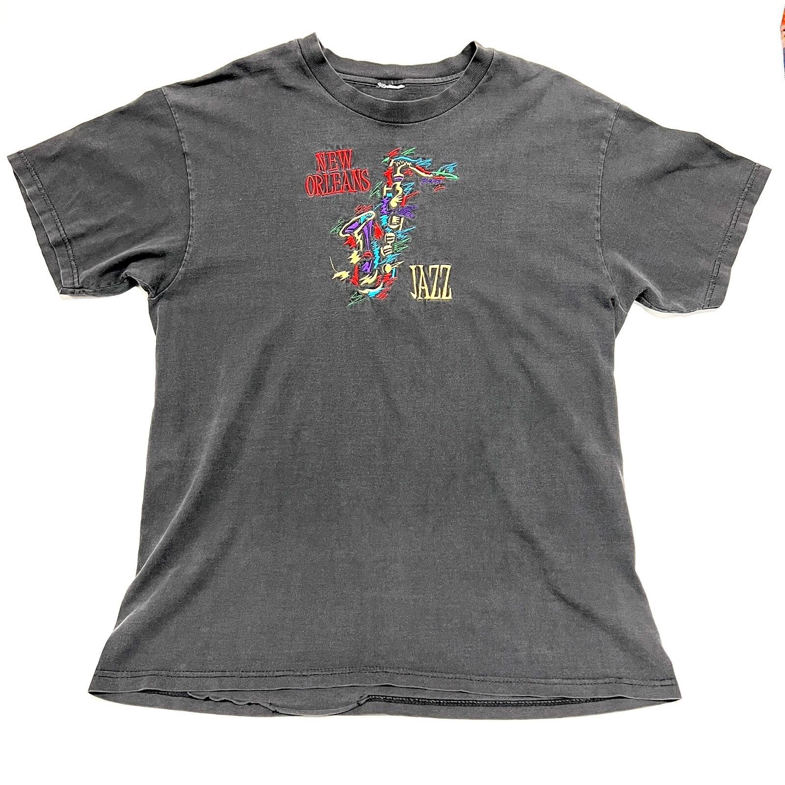 Vintage Jazz T Shirt New Orleans Saxophone Embroidered Faded Tag Cut Fits Size L S