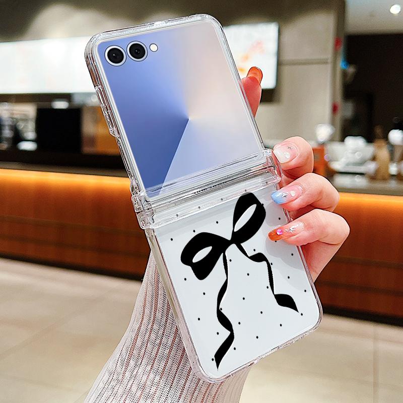 Pink Black Bowknot Pattern Phone Case For Samsung Galaxy Z Flip 7 FE 6 5 4 3 5G Folding Hard PC Clear Cover For Samsung Z Flip7