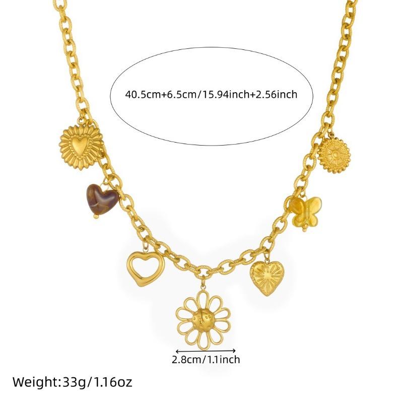 Gold Multi Charm Necklace For Women Stainless Steel Heart Flower Butterfly Pendant Fashion Jewelry
