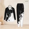 Women Plus Size Green Printed Nurse Scrub Set V Neck Long Sleeve Top With Pockets Long Pants