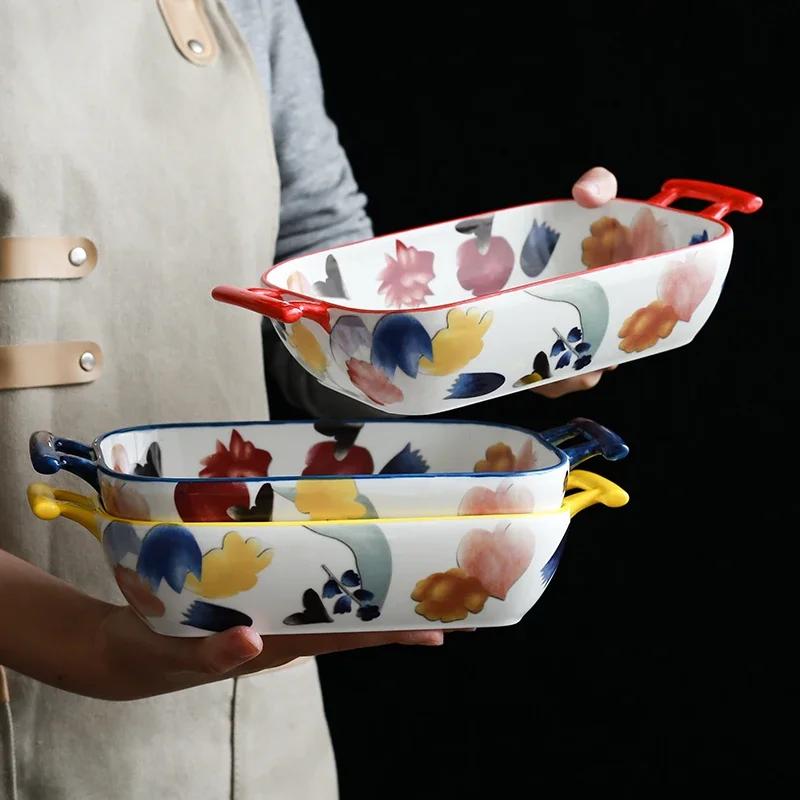 Ceramic Double-ear Baking Pan Cheese Baked Rice Plate Creative Dish Plate Home Oven Special Internet Celebrity Tableware Baking