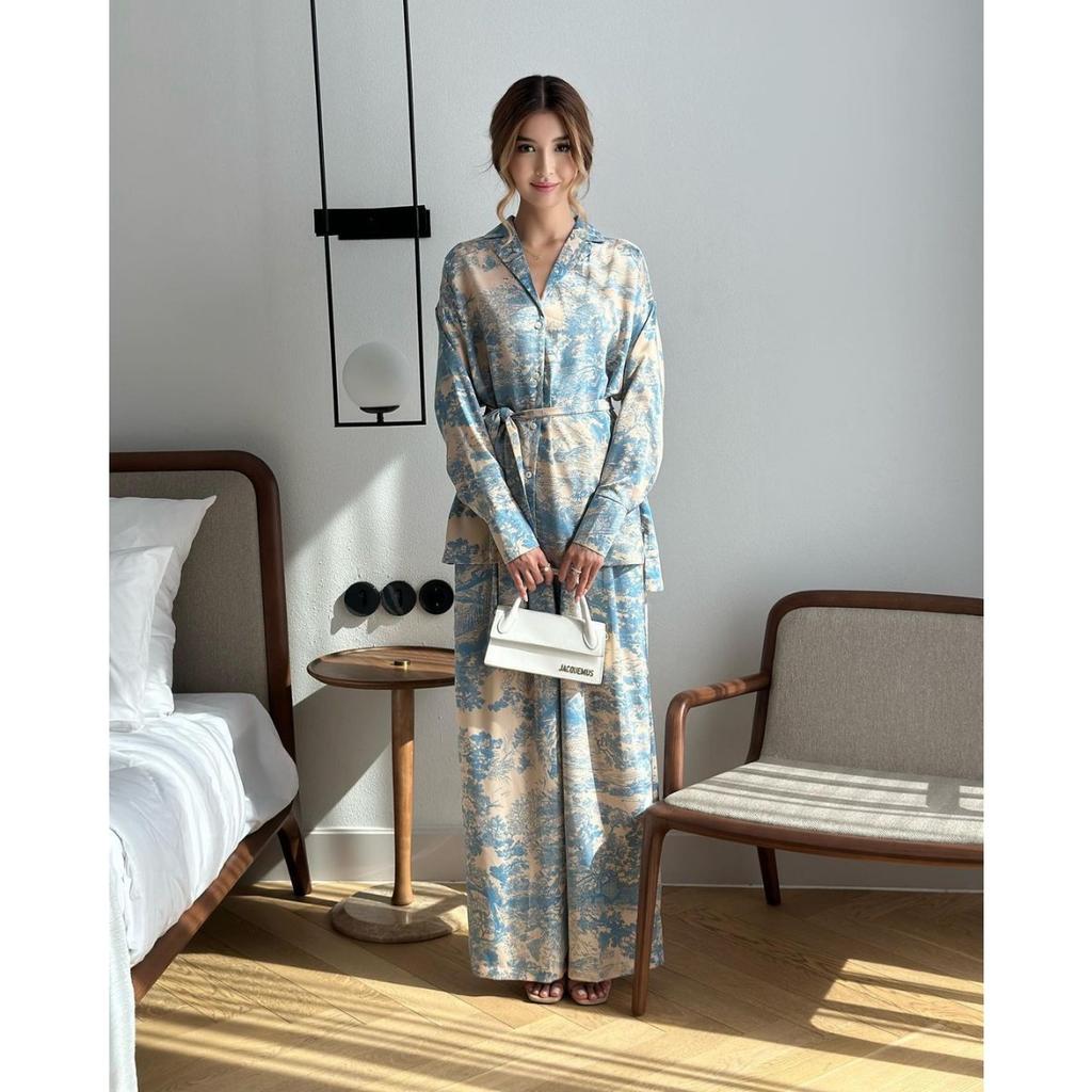 Imprimat, Mânecă lungă, Șireturi, Cămașă, Talie înaltă, Pantaloni cu picior larg, Îmbrăcăminte pentru femei, Set din două piese