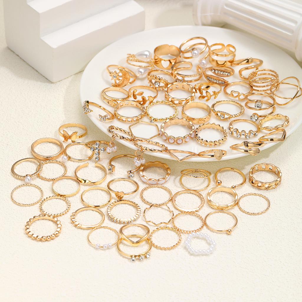 66pcs Fashion Simple Zircon Pearl Butterfly Stackable Rings Multipack For Daily Outing, Commuting & Party Wear, Trendy Jewelry