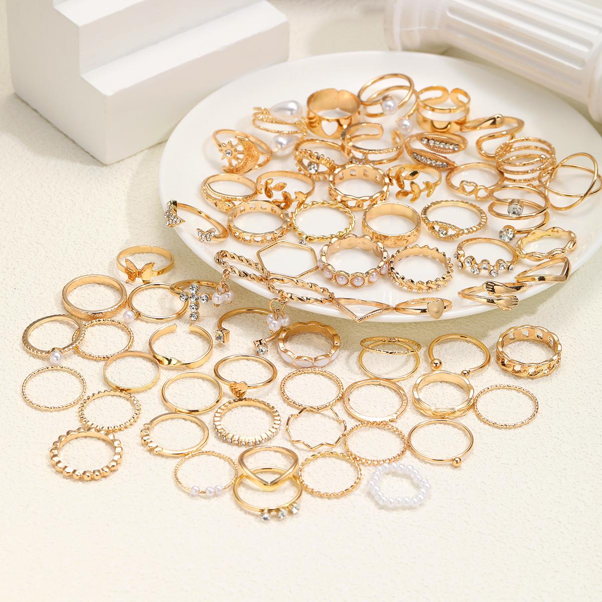 

66pcs Fashion Simple Zircon Pearl Butterfly Stackable Rings Multipack For Daily Outing, Commuting & Party Wear, Trendy Jewelry
