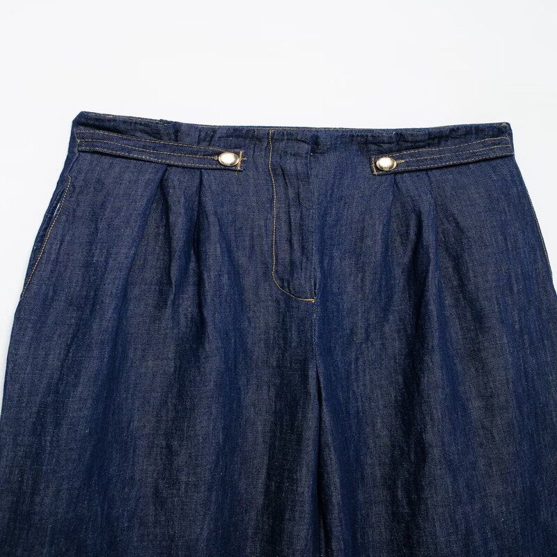 Fashion Style 2024 Autumn New Arrival Women's High Waist Linen Blend Denim Effect Wide Leg Pants Pants 7967453