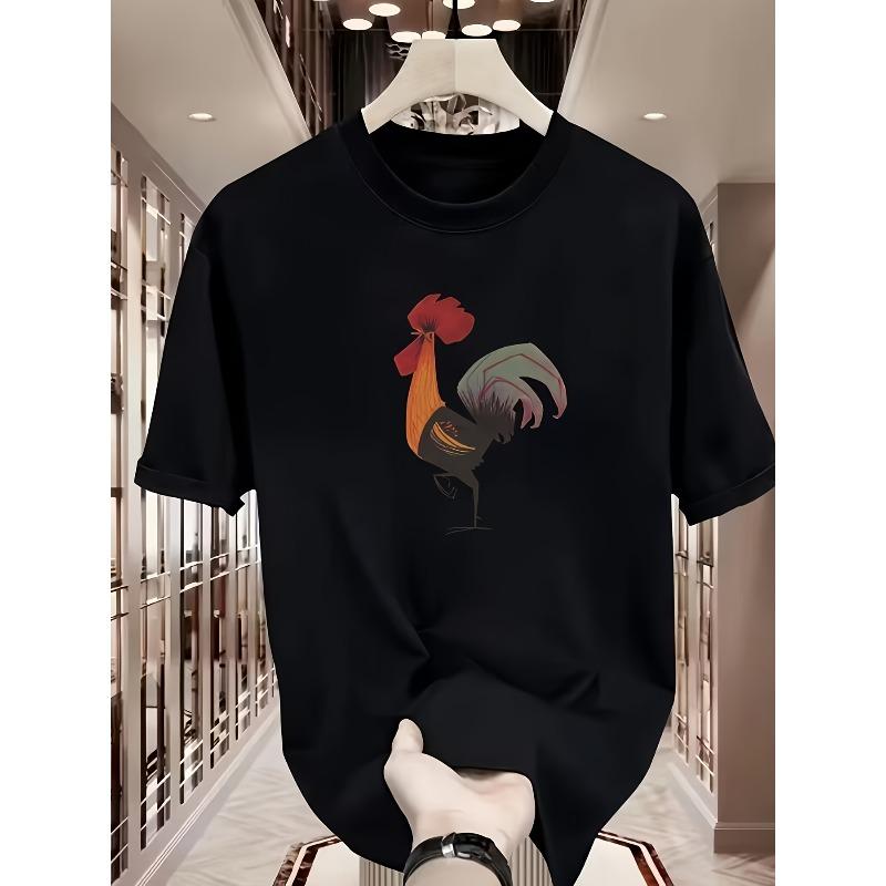 

European sizes Loose-Fitting Round-Neck T-Shirt with Rooster Print, Suitable for Everyday Wear, Vacations, And Commuting - Machine Washable S чёрный