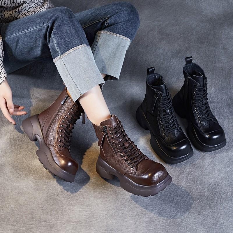 Johnature Vielseitige kurze Stiefel aus echtem Leder mit quadratischem Zehenbereich, lässige Stiefel mit dicken Sohlen, Damenschuhe