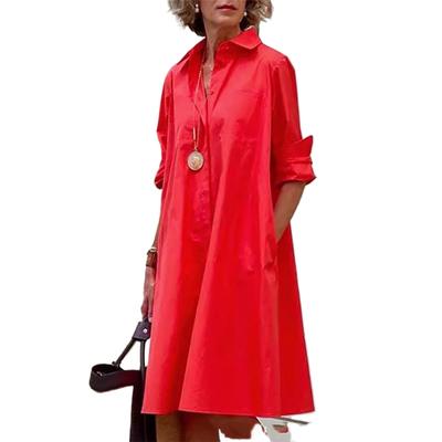 Vestido Camisa Simple Holgado de Color Sólido para Mujer, Manga Larga, Cuello Solapa, Largo hasta la Rodilla