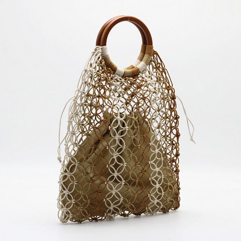 

New Round Handle Wax Rope Hand-woven Bag Handbag Hollowed-out Straw Woven Beach Bucket верблюд