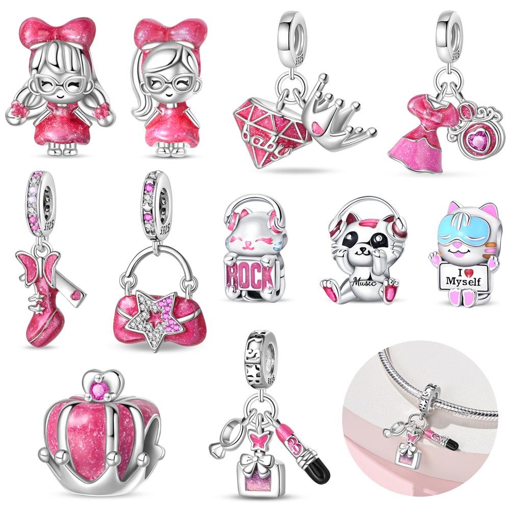 Sweet Pink Girl Modern & Cute Pet Cat & Glass Slipper Dangle Charm Fits Brand Bracelet Copper Jewelry Accessories