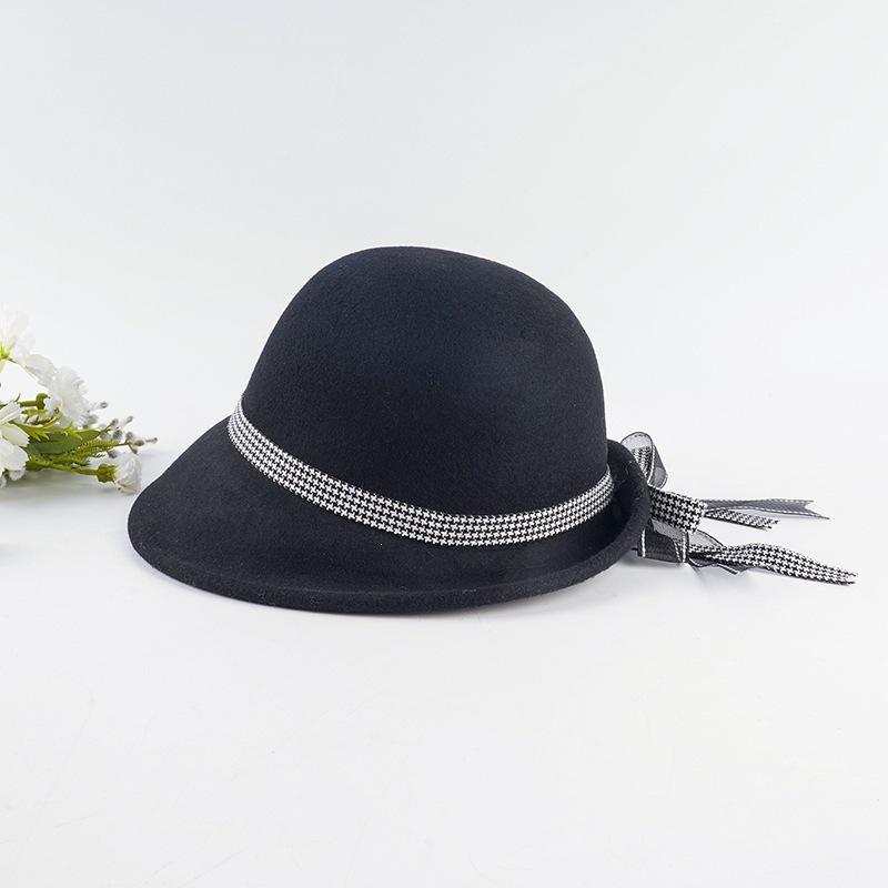 Spring and Autumn Lace Bow Wool Women's Bell Hat Short Brim Simple Fashion Atmospheric Elegant Hat