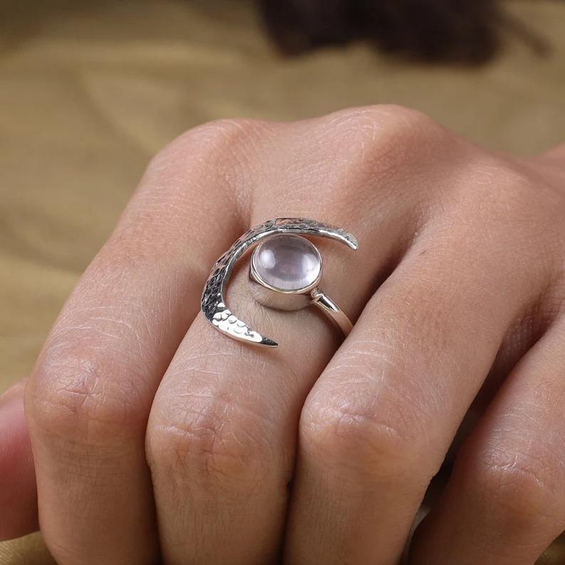 Rose Quartz Round Gemstone Ring, Crescent Moon Ring, 925 Sterling Silver, Boho Ring, Unique Gift, Stackable Ring