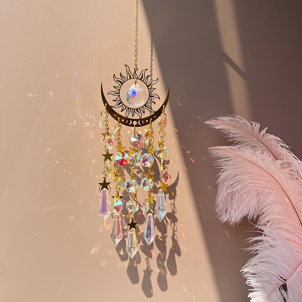 1pc Gold Flame Moon Crystal Pendant Sunlight Catcher Outdoor Garden Ab Colourful Hanging Decorations Hanging Ornaments