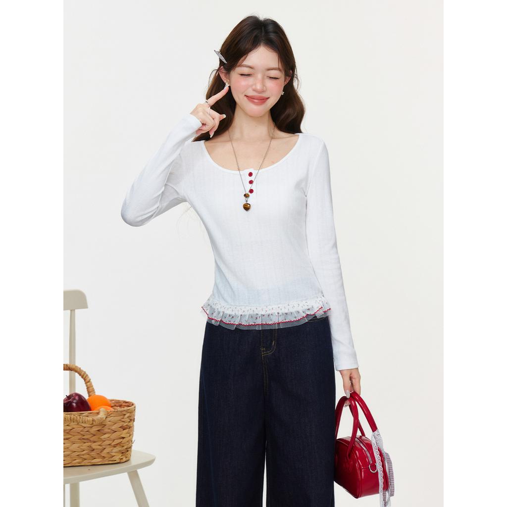 White round neck pure lace hem T-shirt women's spring slim and thin stacked inside small top