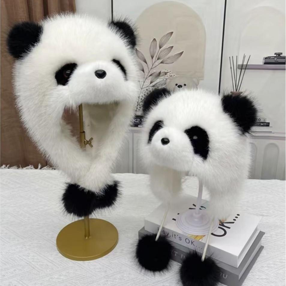 Parent-child Autumn and Winter Cute Plush Panda Hat Thick Warm Large Head Circumference Imitation Fox Fur Pullover Hat Earmuffs Hat