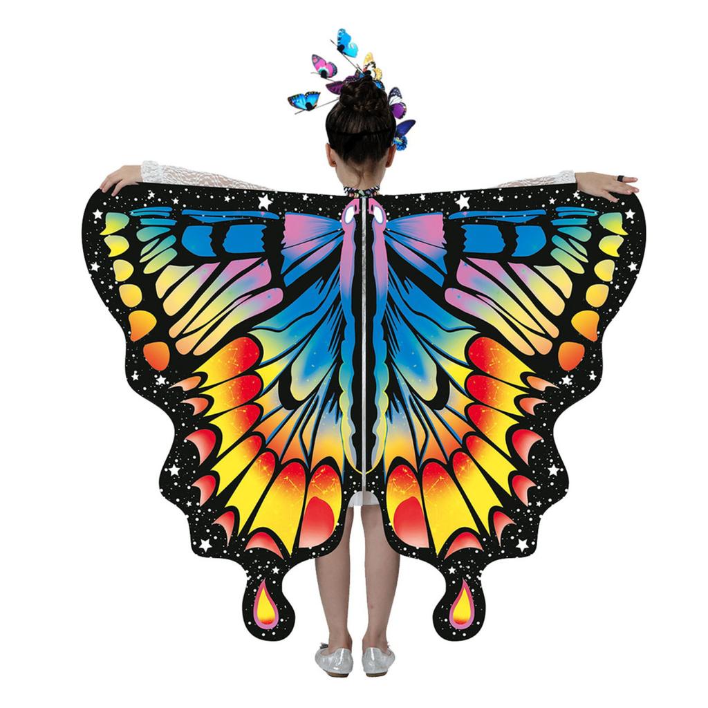 Schmetterlingsumhang für Kinder, Performance, Cosplay, buntes Feenflügel-Kostüm mit flatternden Ärmeln, mehrlagigem Saum, Karnevalsrock, Halloween-Stirnband, Maske