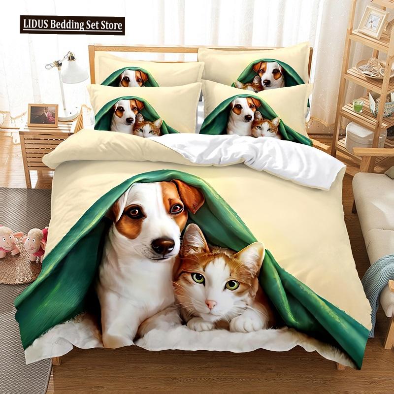 Cat And Dog Duvet Cover Set 3d Printing Cute Animal Theme Comforter Cover King Queen Size For Kid Boy Girl Polyester Bedding Set