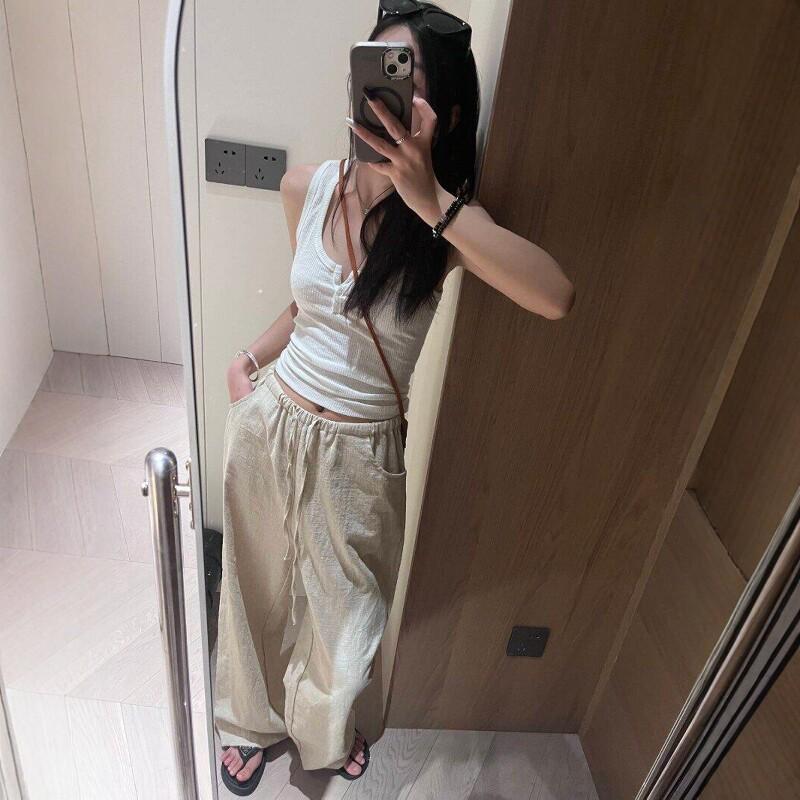 

2026 Summer Women s White Wide-Leg Linen Pants - Old Money Style, Thin, Loose, Floor-Length, Washed Cotton Large льняной/естественный