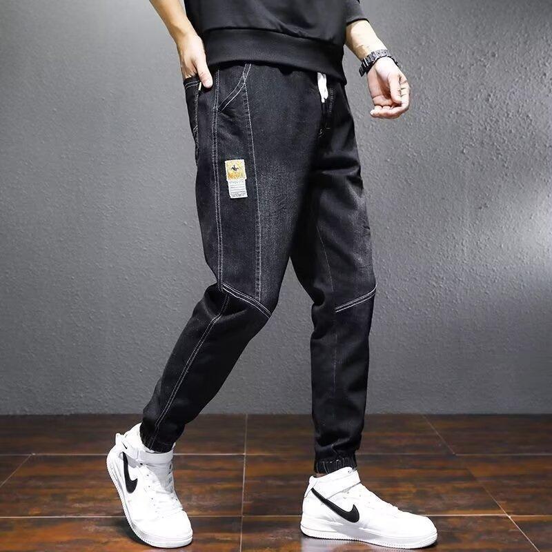 Spring and Autumn New Thin Casual Long Pants Men's Jeans Loose Versatile Tie Feet Harlan Men's Wash