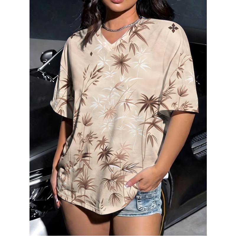 

Plant branches and leaves print pattern women s casual fashion V-neck short sleeves XL