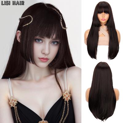 Long Princess Cut Hair Synthetic Straight Wig With Bangs Hair Heat Resistant Fiber Wigs For Women Daily Party