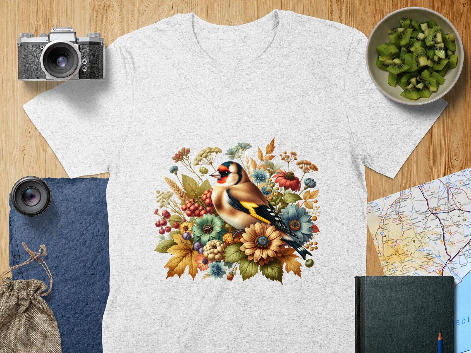 American Goldfinch Colorful Bird and Winter Floral T-Shirt, Bird Lover Winter Floral Tee, Bird Watcher Gift Shirt, Nature Inspired Tee 3XL