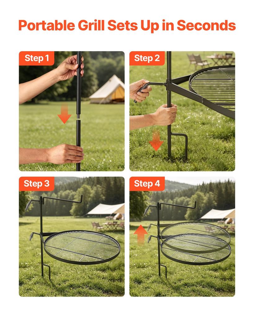 Heavy Duty Swivel Campfire Grill, 62cm Round Portable Camping Grill Grate, Sturdy Steel BBQ Mesh, 360° Height Adjustable Over Fire Pit with Support
