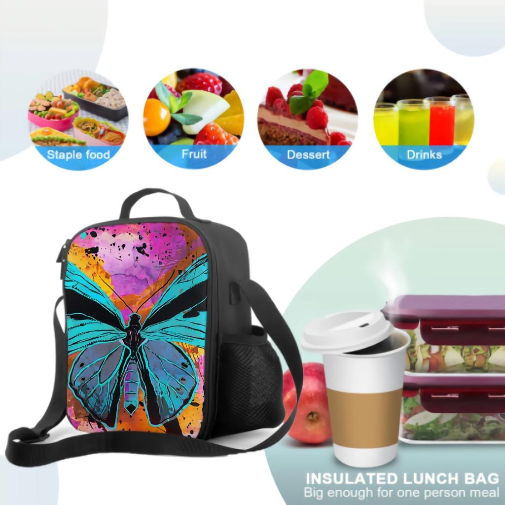 Oil Painting Blue Butterfly Insulated Thermal Lunch Bags for Boys Girls Washable Tote Lunch Food Container for School Travel
