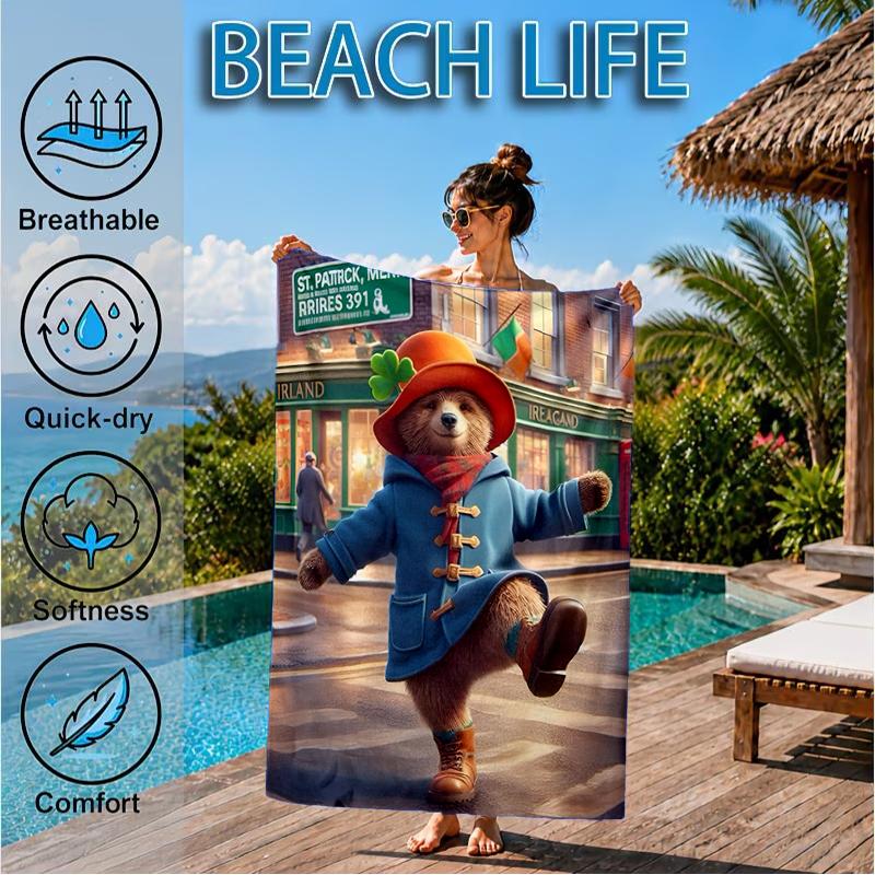 Red Hat Bear In The City Beach Towel, Super Soft Microfiber, Perfect Gift for Her/Him, Birthday, for Pool, Beach, Travel, Decor Beach Party