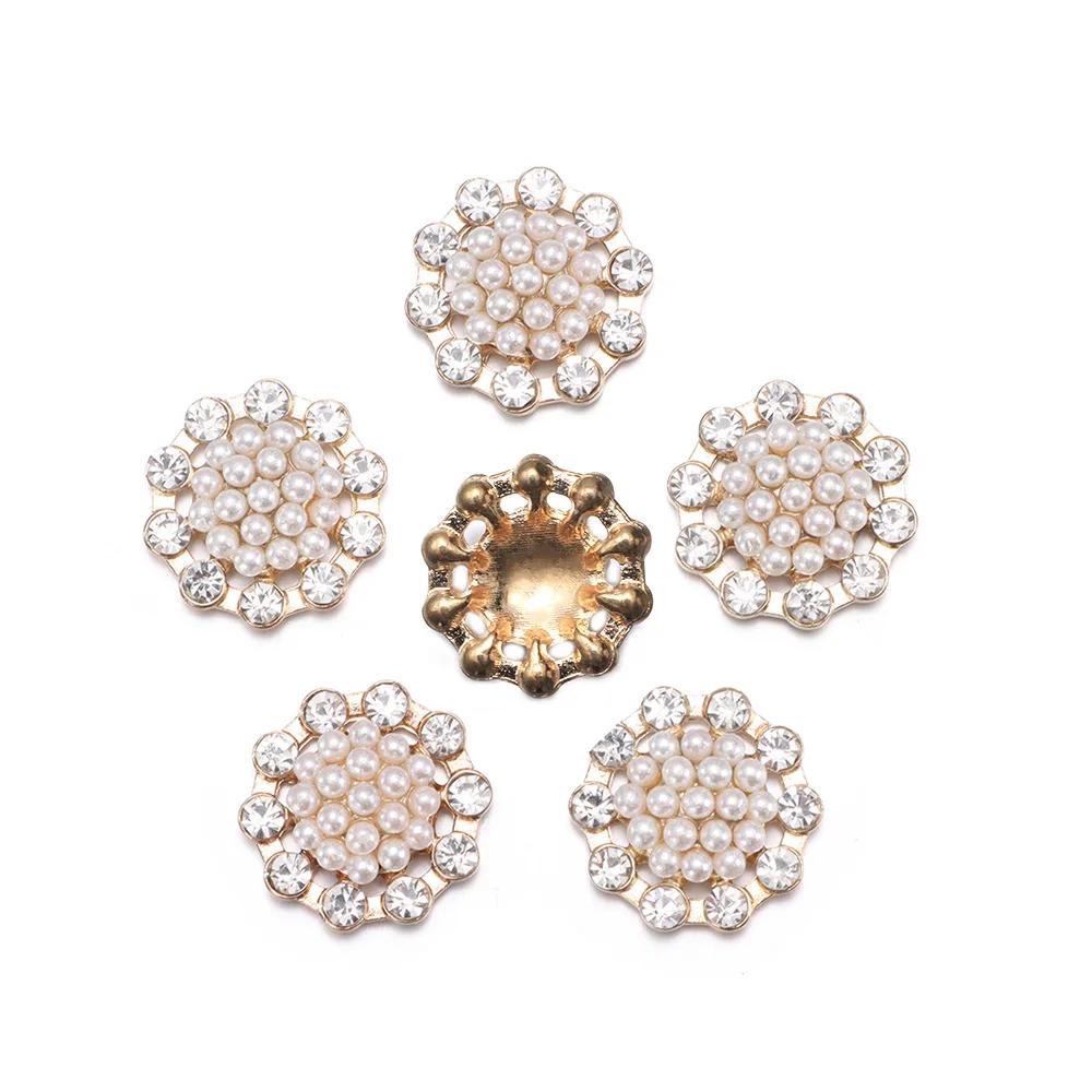 5PCS Pearl Flower Rhinestone Buttons Sparkling Crystal Hairpins Decoration Clothes Buttons DIY Crafts Apparel Sewing Accessories
