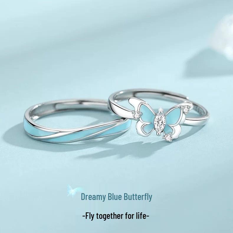 Snové modré motýlí svítící smaltované snubní prsteny pro pár - Dámské luxusní otevřené ladící dárkové prsteny
