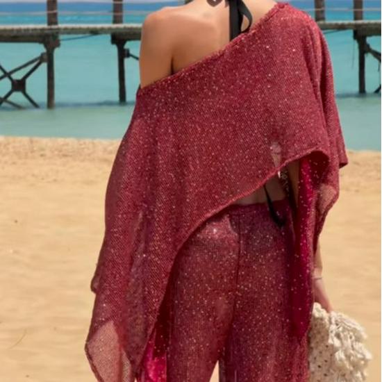 2026 Women's Fashion Sequin Knit Sun Protection Shawl Top – European American Beach Style