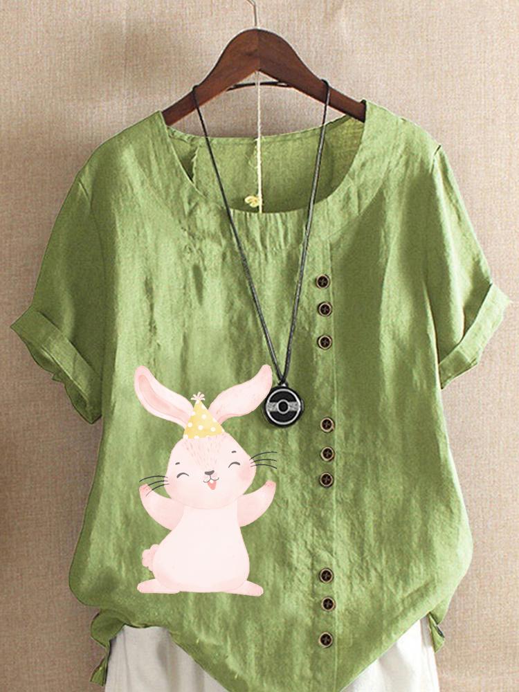 

Women s Fashion Cute Rabbit Print Shot Sleeve T-shirt Loose Cotton Shirt Casual Loose Summer Blouse Tops Plus Size 5XL зелений