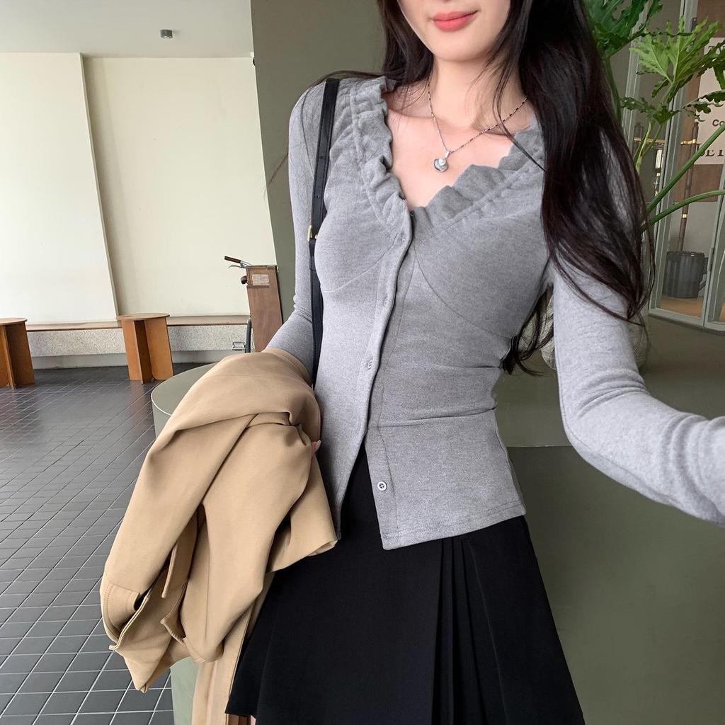 Korean Elegant Ruffle V-Neck Cardigan Women's Slimming Base Layer T-Shirt Top for Autumn/Winter