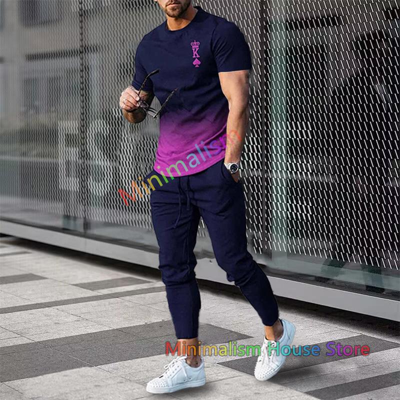 Fashion Men Trousers Tracksuit Stripe Printed Jogger Sportswear Short Sleeve T Shirt +Long Sweatpants 2 Piece Sets Men Clothes
