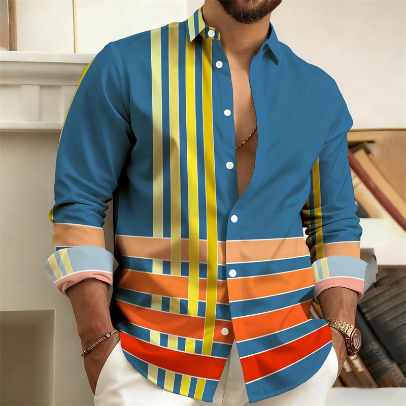 Men's Color-Block Geometric Stripe Long-Sleeve Shirt, Business Casual Dress Shirt, Slim-Fit Men's Fashion Top,