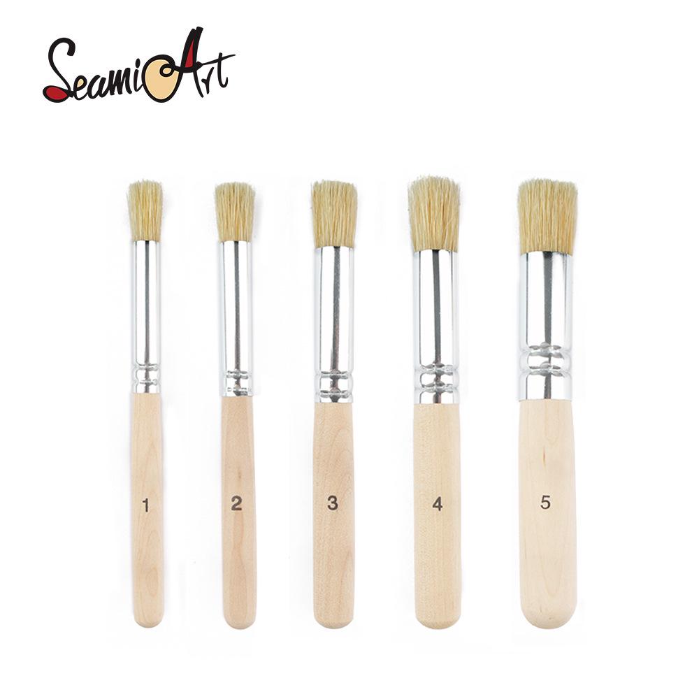 SeamiArt Boar Bristle Short Handle 5-Piece Oil Painting Brush Set with Flat, Round, and Hollow Carving Brushes