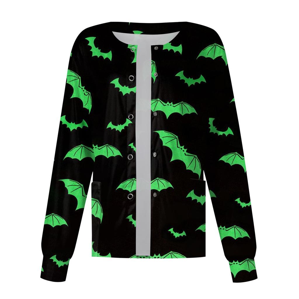 Ženy Vzor s dlouhým rukávem Kapsa Pracovní Halloween Potisk Stojací límec Jednořadý ochranný overal Cardigan Bunda Top