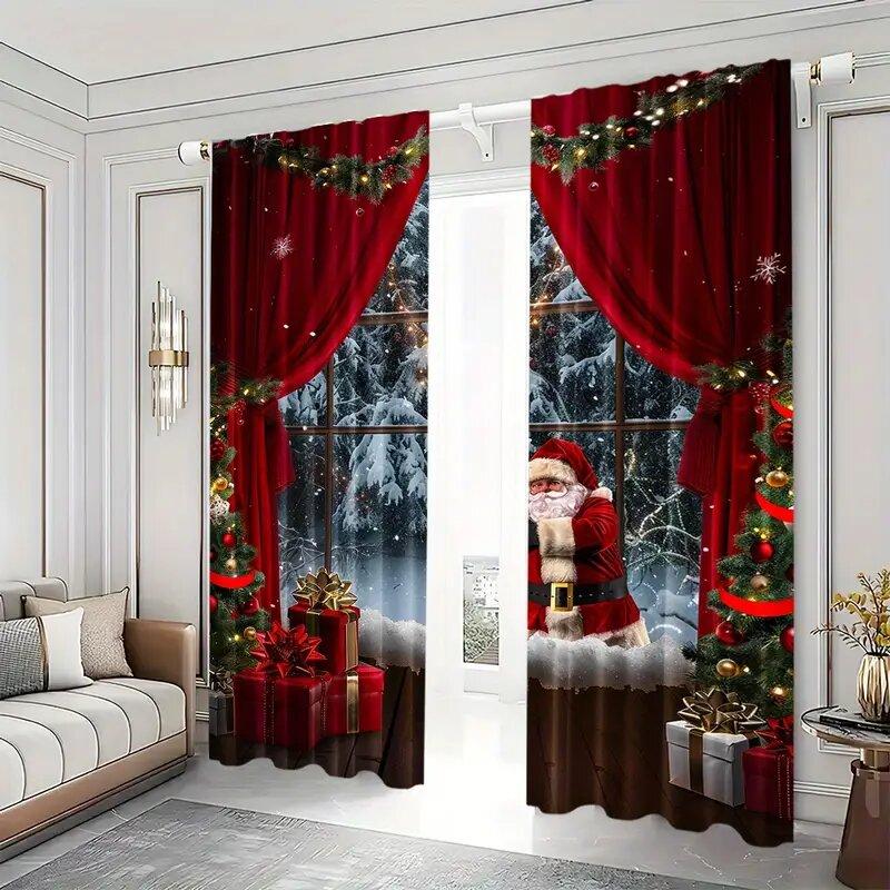 2pcs - Christmas Style Santa Claus Pattern Printed Curtains   Through-bar Curtains   Home Decoration   Room Decoration