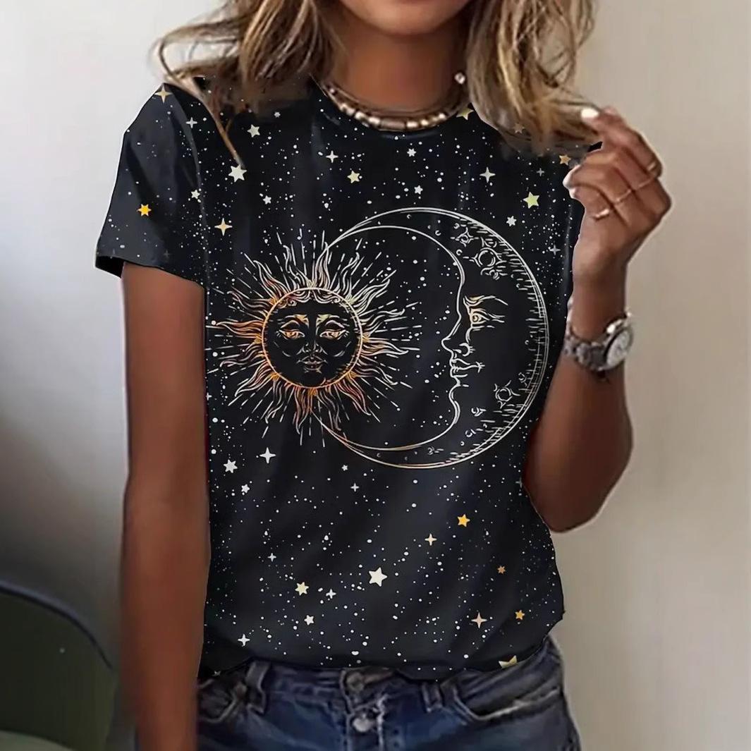 

New Women s Positioning Burnt T-shirt Sun Moon 3D Printed T-shirt 6XL