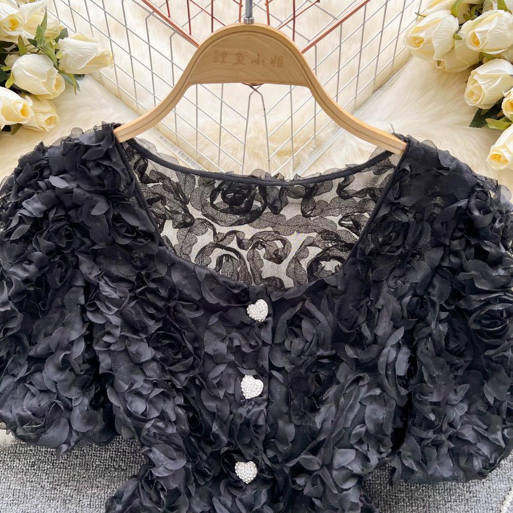 RUGOD Niche Design Sense Mesh Flower Kort Temperament-skjorte for kvinner Sommer Ny Slim Enkeltspente All-Match-topp