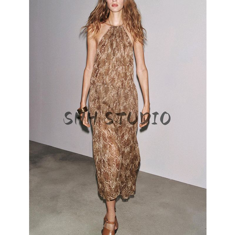 Summer Women's Clothing Vacation Style Asymmetric Hem Animal Pattern Print Hanging Collar Long Dress 3754825