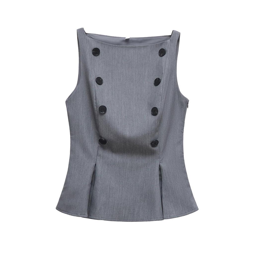 ZARZ Women's Classic Double-Breasted Boat Neck Sleeveless Top