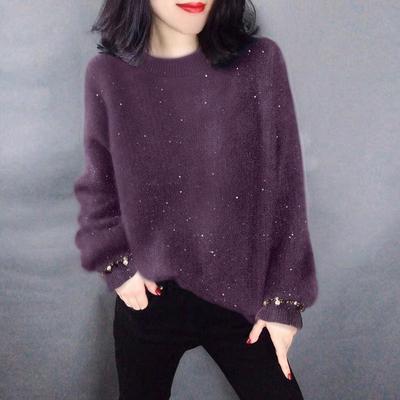 Dicker Faux-Nerz-Pelz Lazy Style Rundhals-Pullover Locker Gestrickter Pullover Basis-Pullover für Damen