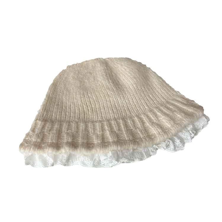 Lazy wind gray knitted hat women's autumn and winter literary lace wool bucket hat showing small face warm pot hat