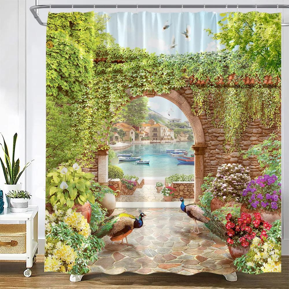 

Traditional Greece City Street Shower Curtain Flowers Scenic Blue Window Bath Decor Polyester Bathroom Curtains With 12 Hooks W60H190(CM)-1 Pcs